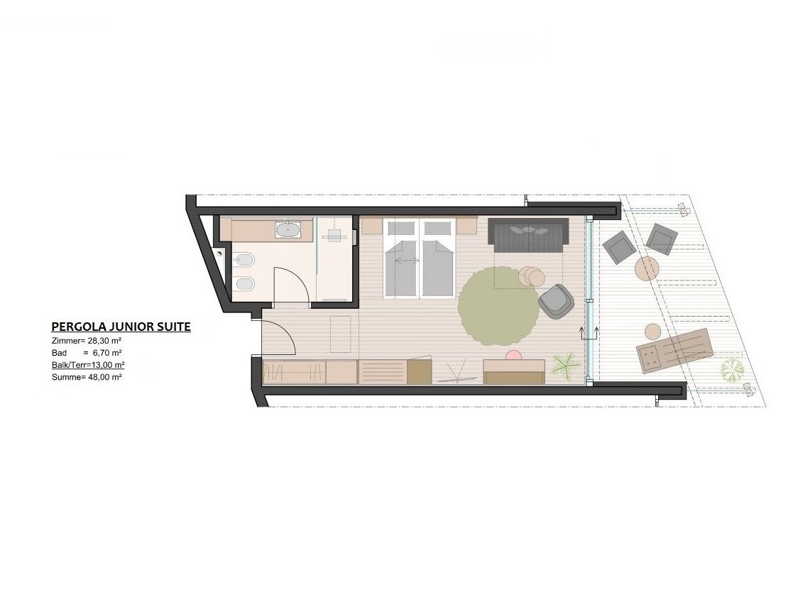 Grundriss einer Pergola Junior Suite mit Schlafzimmer, Bad und Balkon.