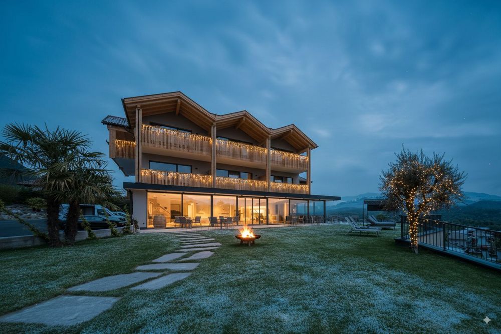 Modern three-story house at dusk with outdoor fire pit and string lights on balconies and tree.