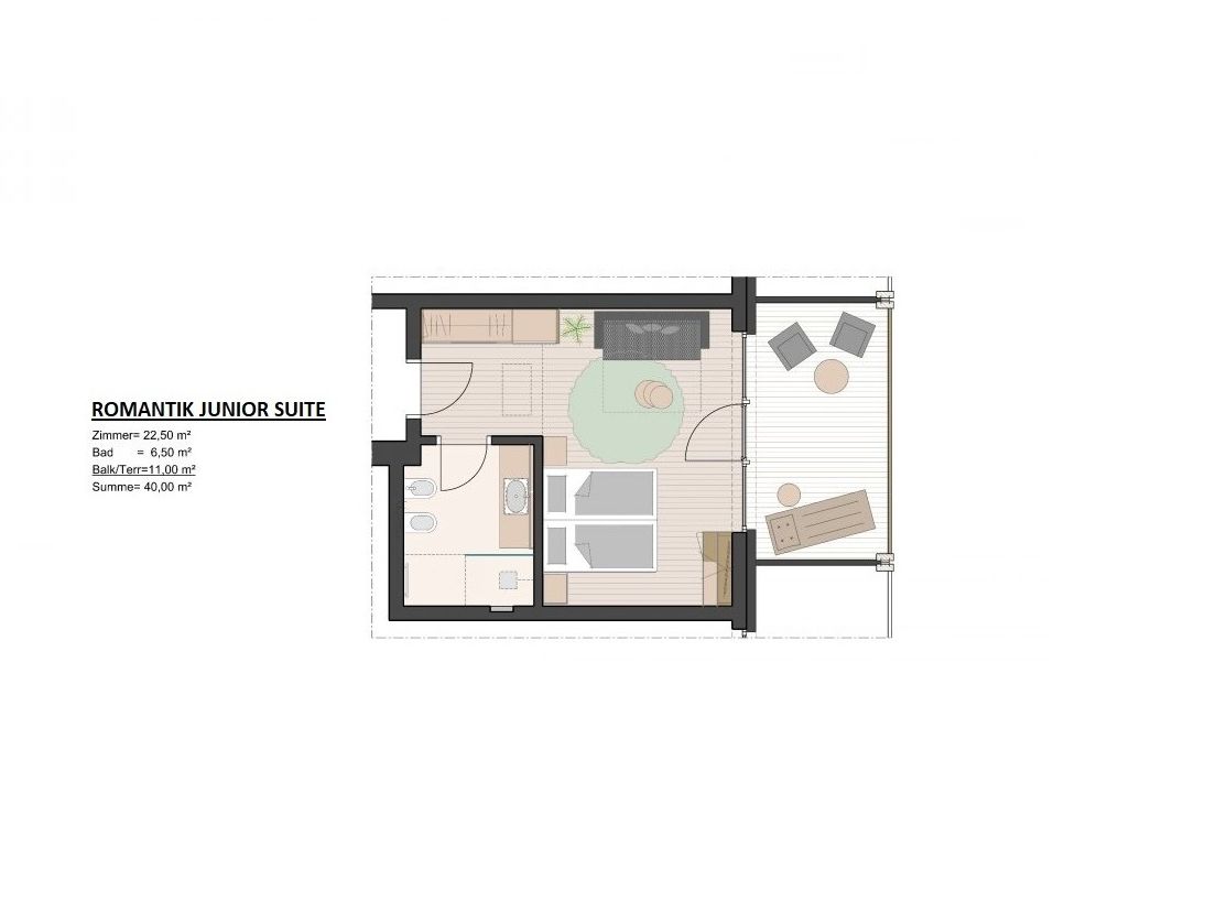 Grundriss der Romantik Junior Suite mit Zimmer, Bad und Balkon.