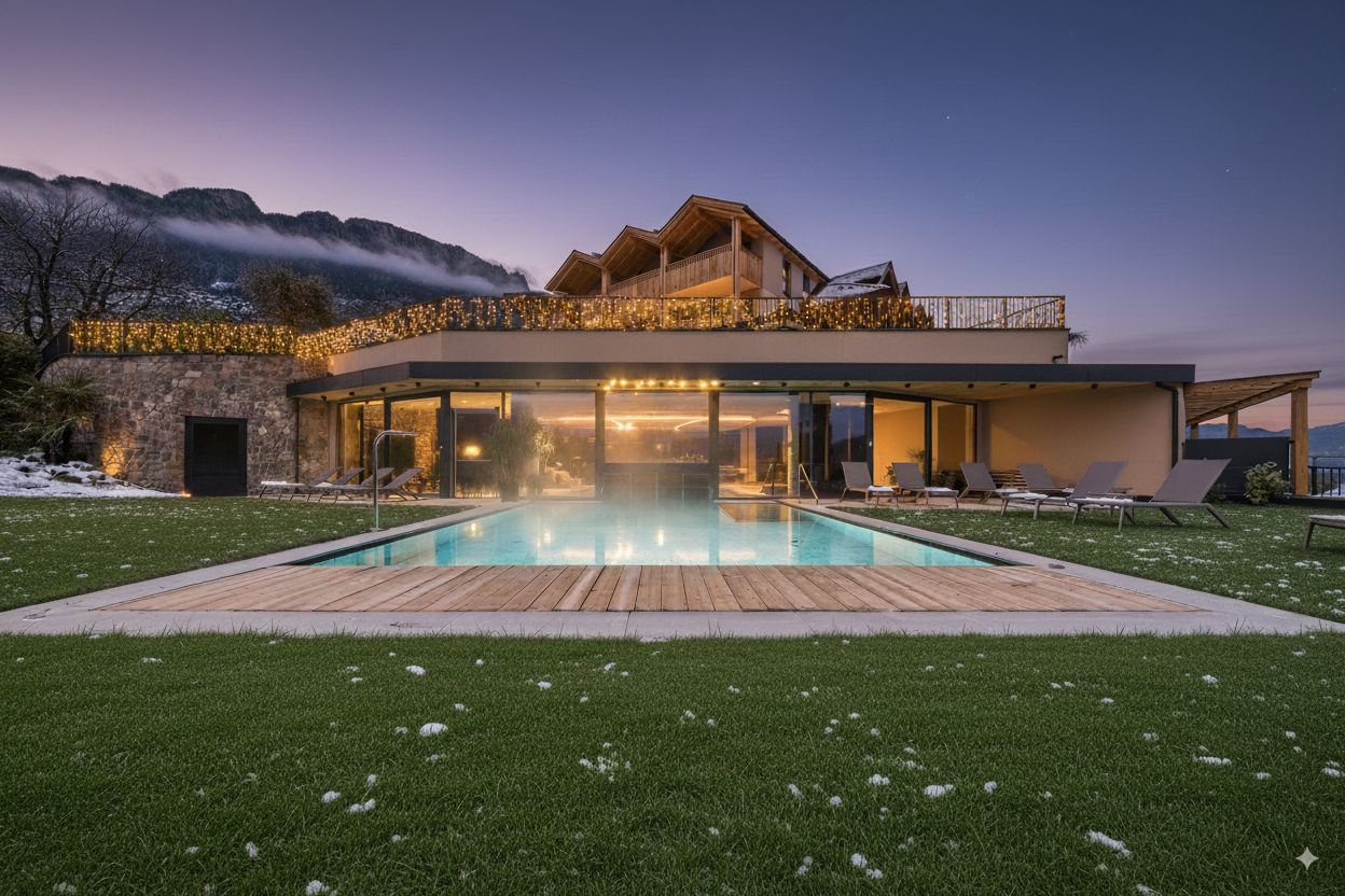 Modernes Haus mit beleuchtetem Pool und Liegestühlen bei Dämmerung in bergiger Landschaft