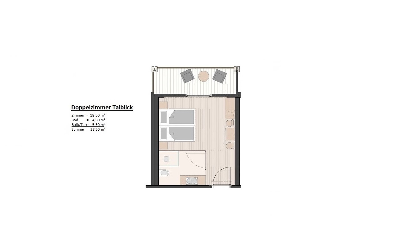 Grundriss Doppelzimmer mit Balkon, Bad und zwei Betten