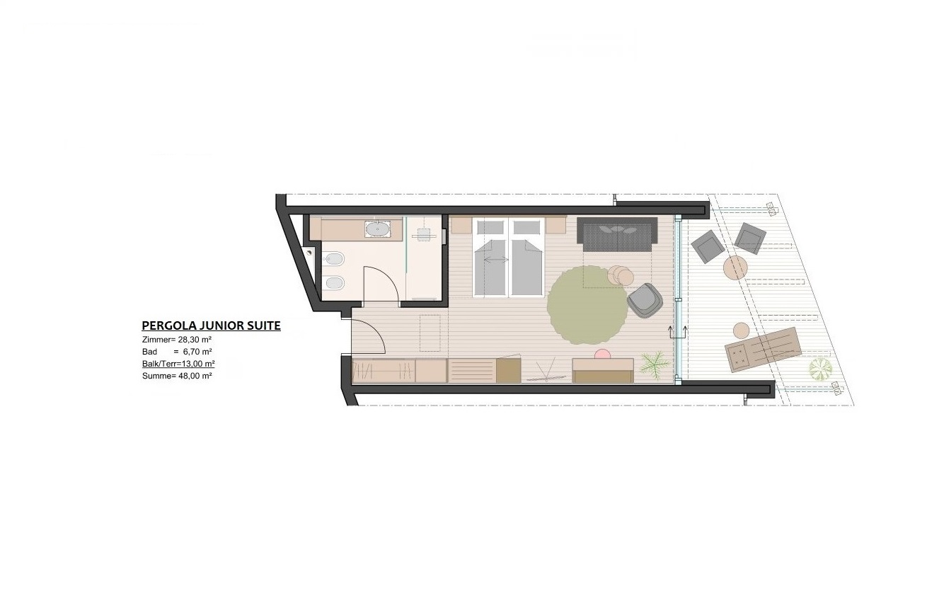 Grundriss einer Pergola Junior Suite mit Schlafzimmer, Bad und Balkon.