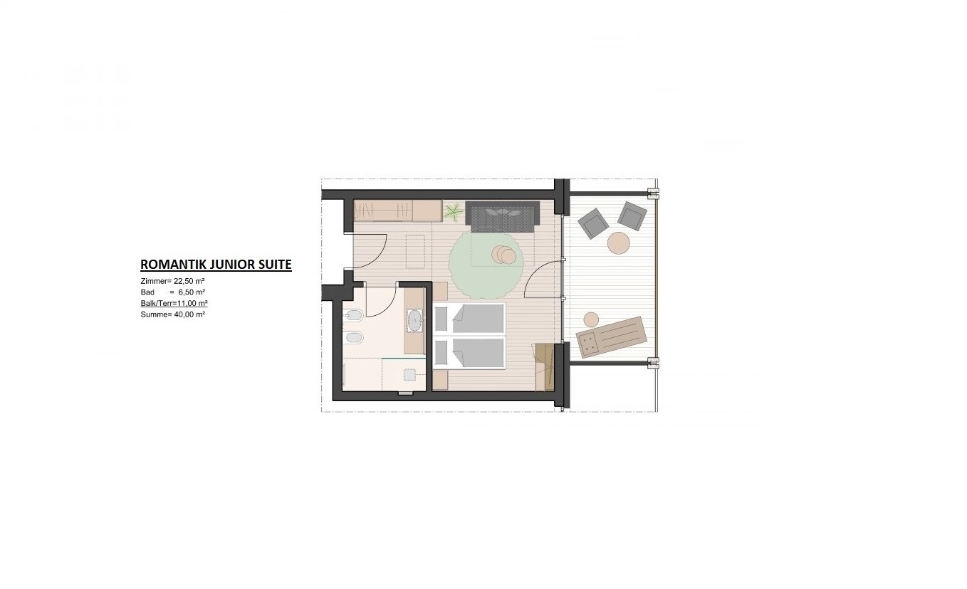 Grundriss der Romantik Junior Suite mit Zimmer, Bad und Balkon.